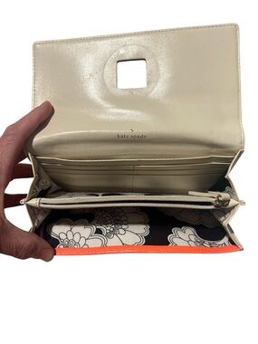 Kate Spade  Cream Leather Wallet with Floral Lining and Orange Trim